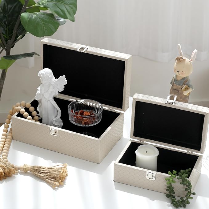 Faux Leather Decorative Jewelry Storage Organizer Boxes Set of 2, Apricot White