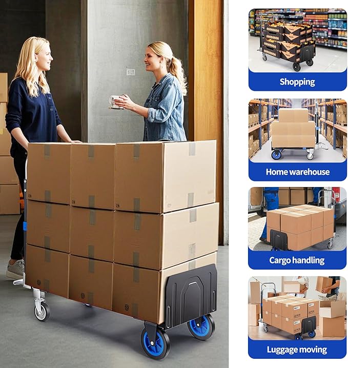 Pro 3 in 1 Aluminium Hand Truck 660lbs Capacity, Heavy Duty Convertible Hand Truck Dolly W/ 4 Rubber Wheels, Foldable Dolly Cart Collapsible Trolley for Warehouse Home Moving