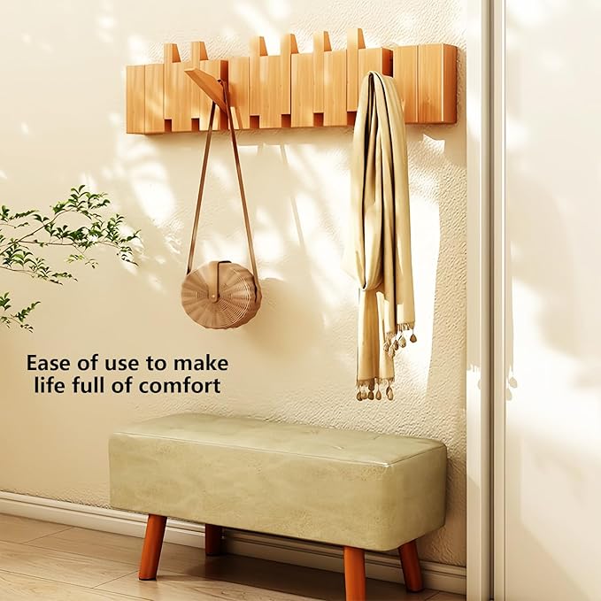 Wall Mounted Coat RackHooks Piano Key Hangers Natural Solid Wood Hanger Non-Woven Fabric Clothes Hangers for Closet, Kitchen, Bedroom, Bathroom, Entryway (Beech, 8 Hooks)