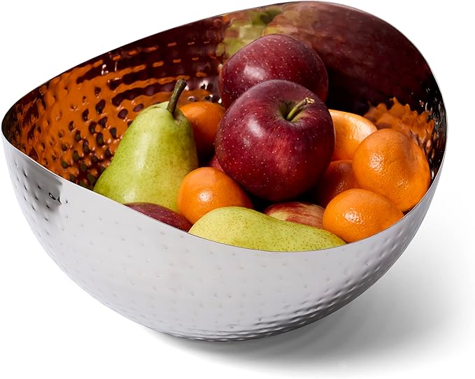 Large Decorative Bowl, Stainless Steel Salad Serving Fruit Bowl, Hammered Centerpiece Bowl (10” Round)