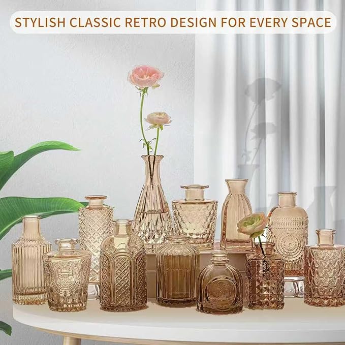 KUAGUINZUHE 12 Pcs Glass Bud Vase Set, Small Translucent Amber Vintage Flower Vases for Wedding Centerpieces in Bulk, Mini Embossed Vases for Home Table Decor, Party, Baby Shower Decorations
