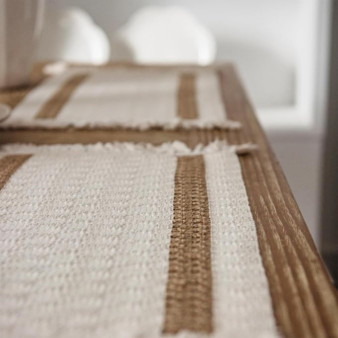 Niviy Boho Placemats Set of 4, 12x18 Inch Natural Cotton Burlap and Kitchen Woven Thanksgiving Placemats with Tassels for Dining Table Centerpiece Home Decorations