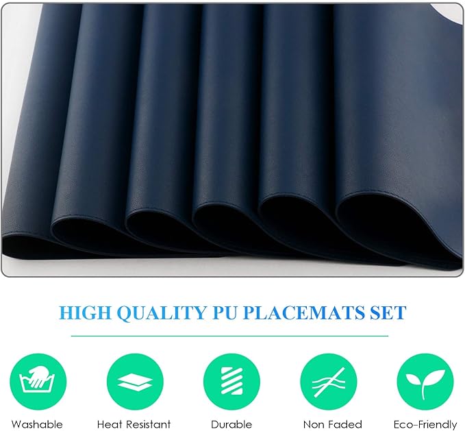 Faux Leather Placemats Set of 6, Vinyl Placemats Heat Resistant Place Mats, Waterproof Oil-Proof Wipeable Dining Table Mats and Coasters for Kitchen, Indoor, Outdoor (Navy Blue)