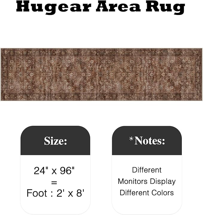 HUGEAR 2x8 Runner Rug Machine Washable Brick Red Hallway Area Rug Indoor Accent Rugs Floral Low Pile Carpet Soft Throw Rugs Bedroom Living Room Office Dining Kitchen Laundry Non Slip