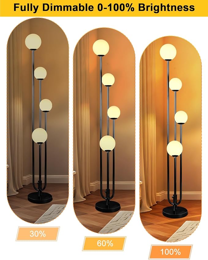 ACOHOOK 63IN 4-Light Dimmable Floor Lamp, Unique Black Tall Standing Lamps with Globe Shade &3000K G9 Bulbs for Reading, Mid Century Modern Floor Lamp for Living Room Bedroom Office