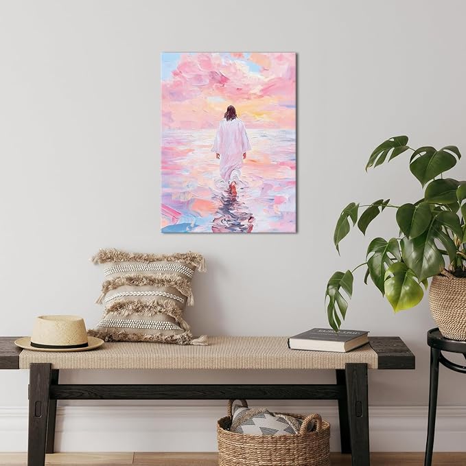 Pink Jesus Walking On Water Wall Art Religious Christian Oil Painting Canvas Wall Decor Religious Savior Poster Aesthetic Pictures for Living Prayer Room Church Bedroom 12x16 in Framed