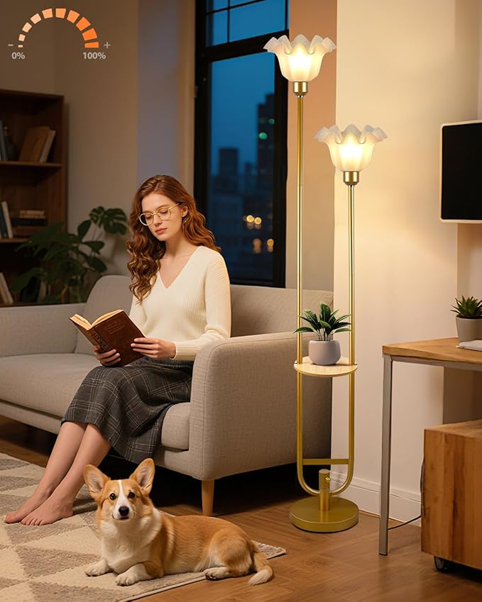 ACOHOOK Dimmable Flower Floor Lamps with Table, 2-Lights Dimmable Floral Floor Lamp, 3000K Warmwhite Candle Holder Style Modern Floor Lamp, Rustic Gold Standing Lamp for Living Room Bedroom
