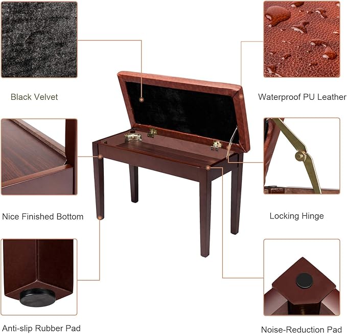 Bonnlo Duet Piano Bench with Storage Compartment and Thick Cushion Hinged top Artist Duet Seat
