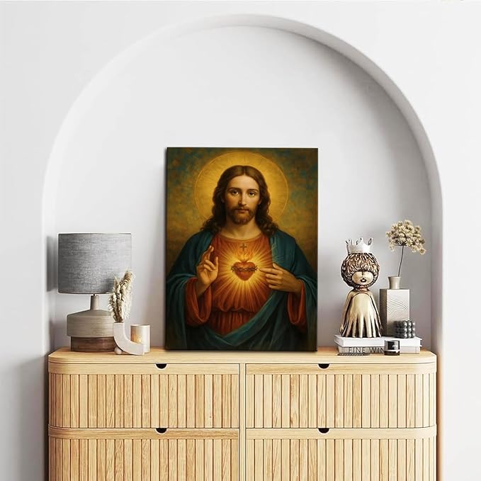 Sacred Heart of Jesus Canvas Wall Art Catholic Divine Mercy Prints Wall Decor Christ Jesus Portrait Poster Christian Religious Picture Artwork for Bedroom Living Room Prayer Room 12x16 Inch Framed