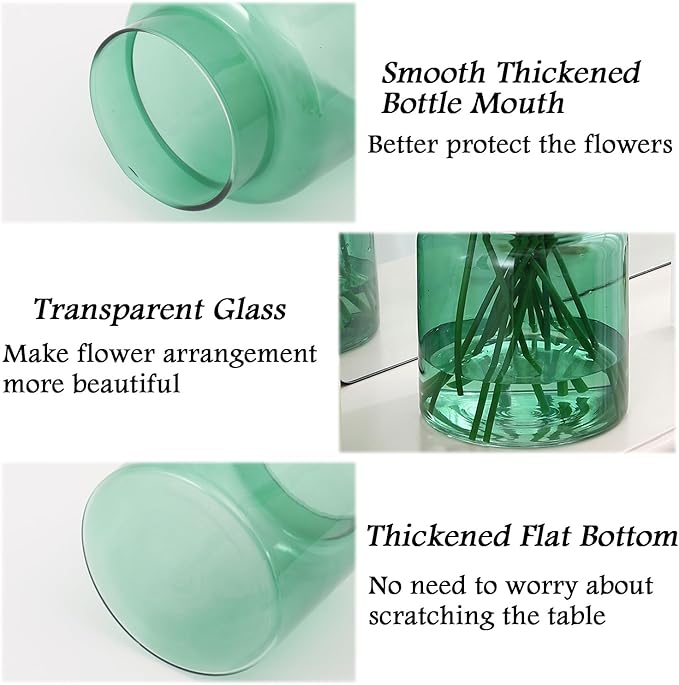 Large Glass Vase, Green Glass Vase Set of 2, Large Flower Vases for Bouquet, Tall Wide Mouth Vases for Flowers, Home, Wedding, Living Room, Office Decor, 7"+9"
