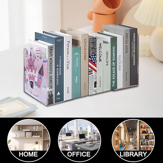 2 Pack Metal Bookends,Non-Slip Castle-Shaped with Baloon Cartoon Book Stopper,5.3"x3.9"x8"Heavy Duty Premium Decorative Book End, Supports for Kids Children Shelves,School,Room,Office,Learning Gifts