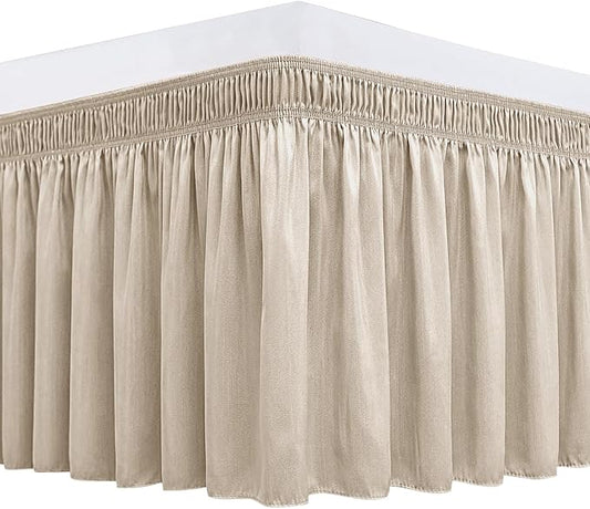 Biscaynebay Wrap Around Bed Skirts for King & Cal King Beds 15" Drop, Light Camel Elastic Dust Ruffles with Adjustable Belts Silky Luxrious Fabric Machine Washable