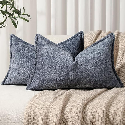 DEZENE Pack of 2 Navy Decorative Throw Pillow Covers 12x20 Cozy Soft Chenille Accent Vintage Rectangular Lumbar Couch Pillow Covers for Home Decor Bed Sofa Living Room