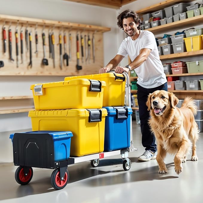 3 in 1 Aluminum Folding Hand Truck Dolly Cart with Wheels 600 Lbs Capacity Collapsible Heavy Duty Convertible Trolley with Retractable Handle for Moving Home Warehouse Office Camping (Red)