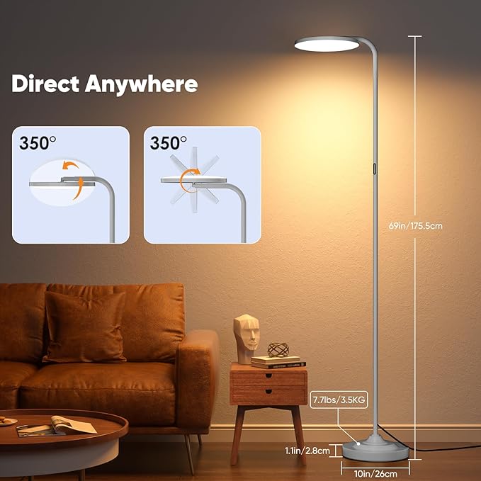 SIBRILLE 36W LED Floor Lamp, Super Bright Standing Lamp, Modern Stepless Dimmable Torchiere Tall Lamp with Remote Control, 350°Rotating Head Reading Floor Lamp for Living Room, Bedroom - Silvery Grey