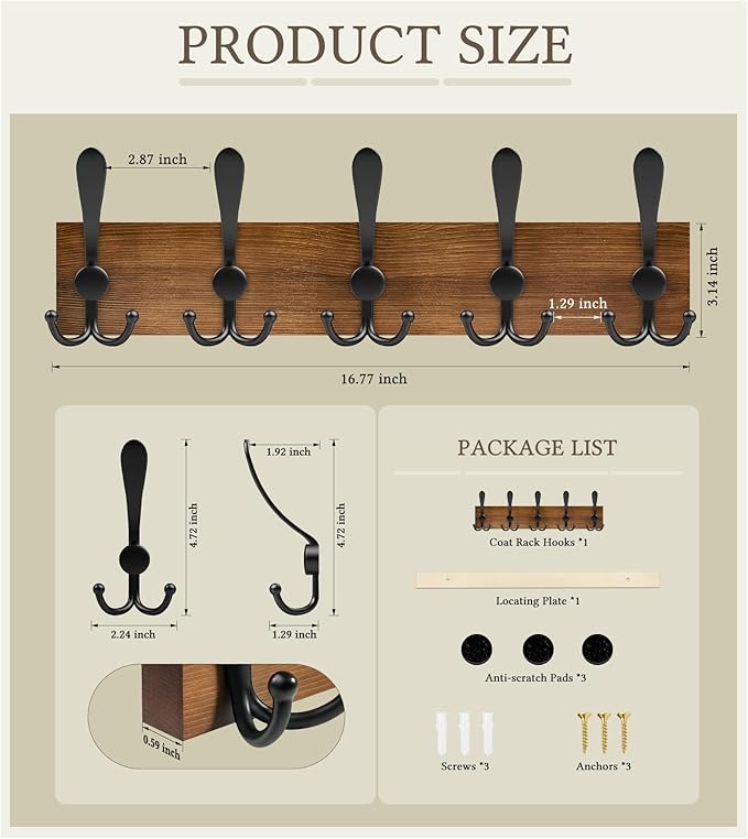 RELBRO Coat Rack Wall Mount, 16.7 Inch Wooden Wall Coat Hanger with 5 Triple Hooks, No Assembly, Brown, 2 Pcs