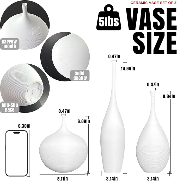 White Ceramic Vase Set of 3, Modern Boho Vases for Centerpiece Decor, Matte Minimalist Decorative White Vases Home Decor, for Living Room, Bookshelf, and Entryway Table Decor