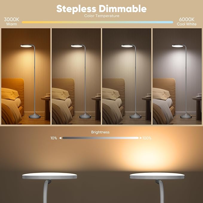 SIBRILLE 36W LED Floor Lamp, Super Bright Standing Lamp, Modern Stepless Dimmable Torchiere Tall Lamp with Remote Control, 350°Rotating Head Reading Floor Lamp for Living Room, Bedroom - Silvery Grey
