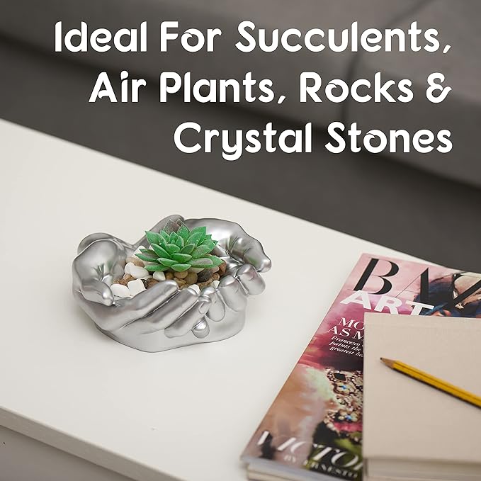Hand Shaped Succulent Planter Pot - Crystal Holder Display - Air Plant Holder Hand Planter - Giving Hands Sculpture Decor - Key Bowl Ring Dish Trinket Dish Candy Dish - Candle Holder (Silver)