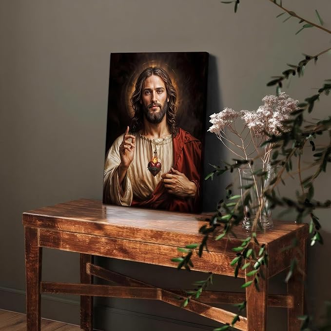 Framed Sacred Heart of Jesus Wall Art, Christian Divine Mercy Paintings Wall Decor, Christ Portrait Pictures Canvas Prints Catholic Religious Home Decor for Church Prayer Room Living Room 12X16 inch
