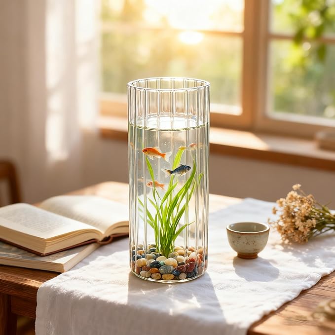 Flower Vase, Non-breakable Vase for Flower, Ribbed Acrylic Vase, 4"W x 10"H Tall Clear Cylinder Vases for Centerpieces, Living Room, Dining Table, Office, Bookshelf Decoration Housewarming Gift