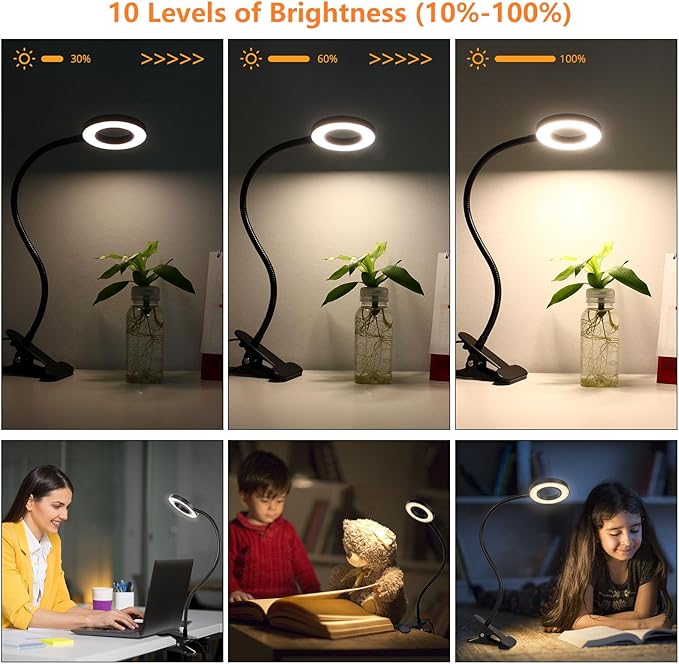 Desk Clip on Lamp for Reading Home Office, with 5V 2A Adapter, 10 Dimmable Brightness 3 Modes, Clamp Reading Light for Bed Headboard, Craft (2packs, Black)…