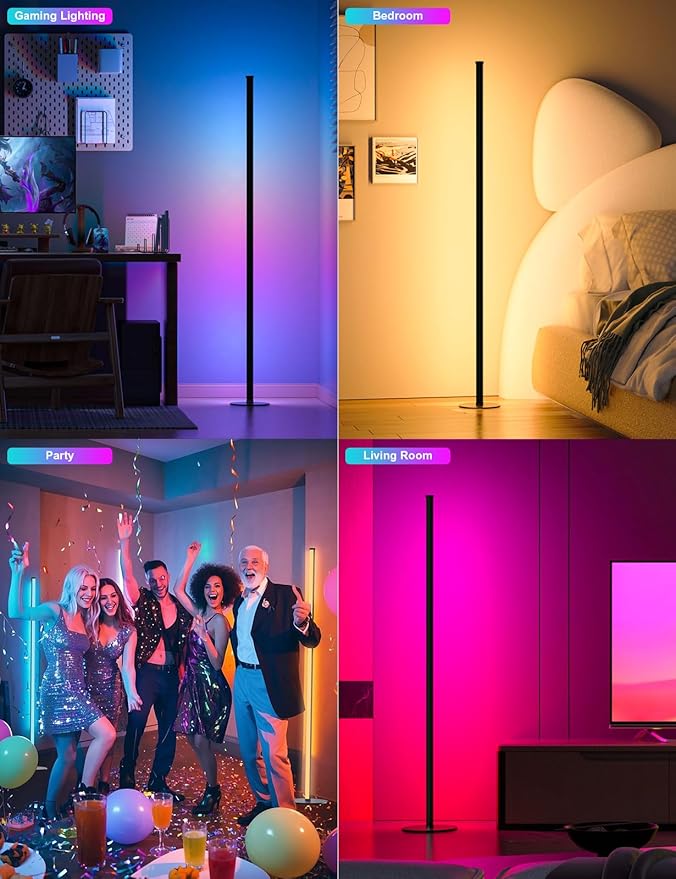 Corner Floor Lamp, Upgraded Corner Lamp APP and Remote Control, 16 Million Colors and Warm White, Music Sync, Timing Function, Color Changing Ambient Light for Living Room Bedroom Gaming