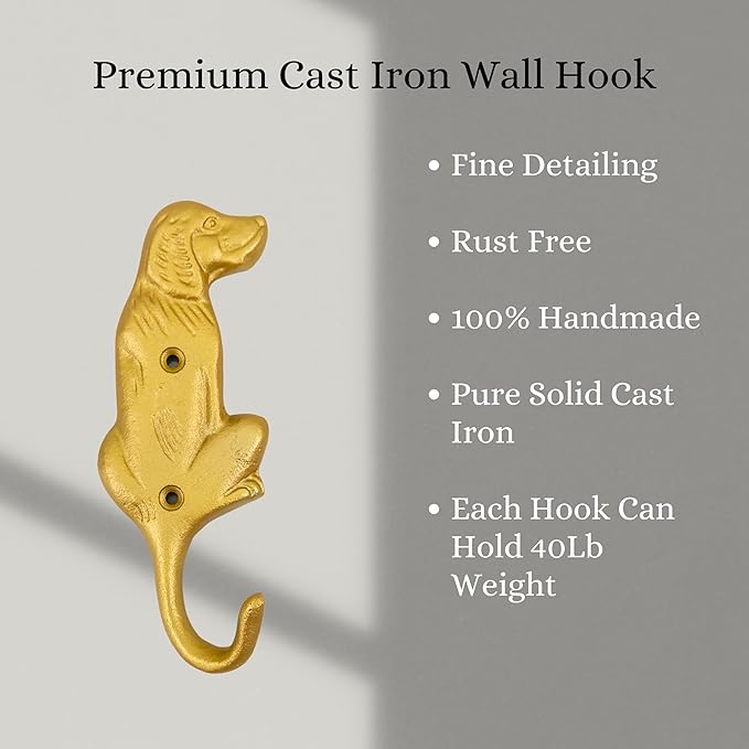 Set of 3 Cast Iron Dog Shape Coat Hooks Wall Art Decor-Dog Shape Hangers and Key Holder-Clothes Rack and Backpack Hanger-Coat Hooks Home Decor for Storage, Living Room,Hallway (Gold Finish)