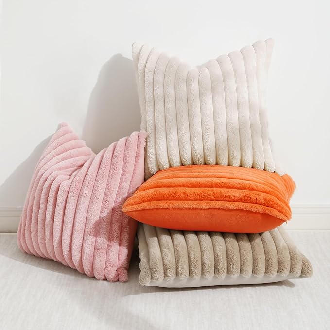 decorUhome Faux Fur Spring Throw Pillow Covers 18x18 Set of 2, Decorative Soft Plush Striped Neutral Couch Pillow Covers with Velvet Back for Sofa, Bed, Living Room Home, Beige