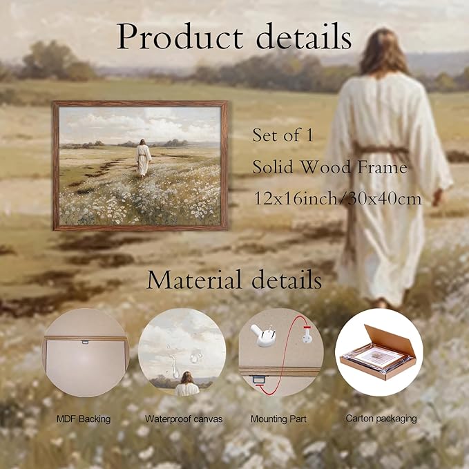 Jesus Canvas Wall Art, Jesus Walking in Field Painting, Rustic Christian Wall Decor Pictures for Living Room Bedroom Home Office Church Decoration 12x16 Inch Wood Framed