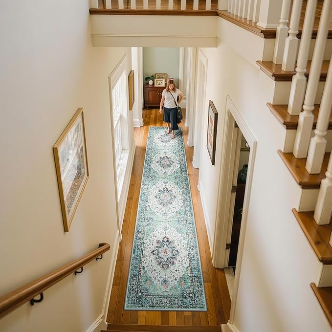 RELEANY Area Rugs 2'x10' Washable Non-Slip, Floral Vintage Distress Print Pattern Medallion Carpet for Living Room Bedroom Dining Room, Green Navy Blue White Red Teal Colorful