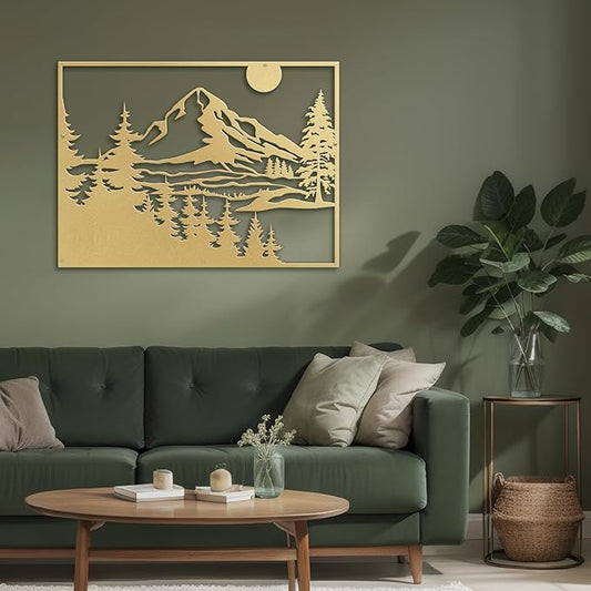 SIGNLEADER Metal Wall Art Decor Mountain Range and Pine Minimalist Modern Abstract Wall Sculpture Hangings Home Decoration for Living Room, Bedroom, Bathroom, Kitchen, Outdoor - 18" Gold