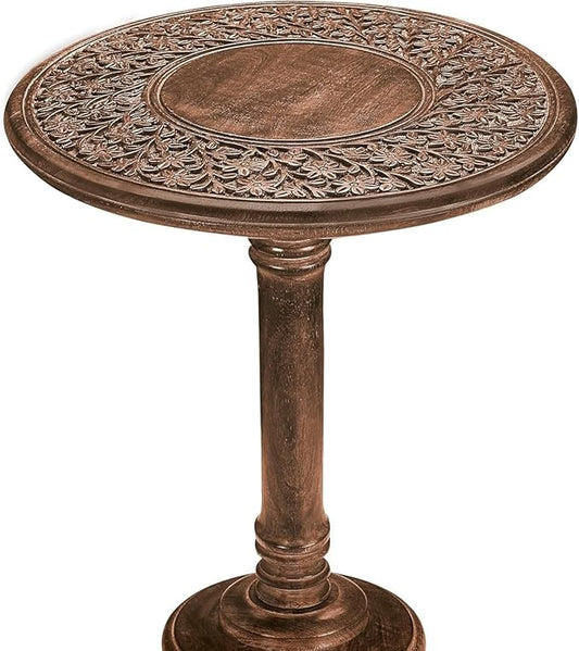 Wooden End Table for Living Room - 18x22 Burnt Finish Carved Side Table, Single Pillar Nightstand, Bedside Table for Books, Plants, Magazines, Small Space Accent Table