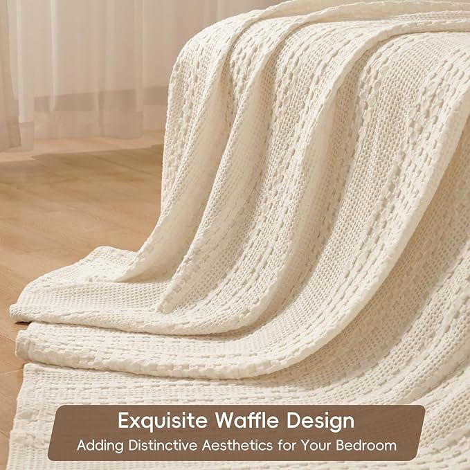 PHF 100% Cotton Waffle Weave Blanket King Size for Bed, Soft Lightweight & Breathable, All-Season Comfort, 300 GSM Luxury Aesthetic Blanket for Home Decor, 108"x90", Natural