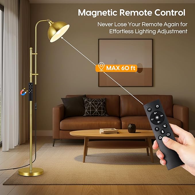 LANICHO Gold Floor Lamp, Industrial Modern Standing Lamp with Remote Control, 71" Height Adjustable, Finish Rustic Farmhouse Tall Reading Lamp for Bedroom, Over Couch Arched Reading Light