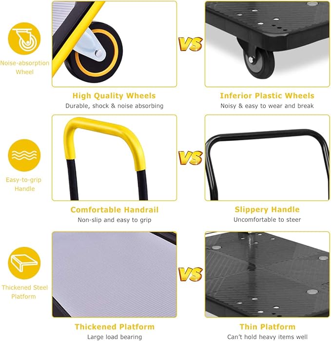 S AFSTAR Folding Push Cart Dolly, Rolling Platform Cart for Garage Warehouse, Portable Flatbed Cart with Non-Slip Swivel Casters (330Lbs Load-Bearing Capacity, Yellow)
