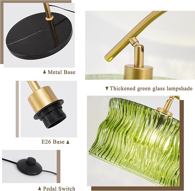 JERANDO Glass Floor Lamp for Living Room, Modern Gold Standing Lamp with Remote Control & 3 Color Temperature, Green Floor Lamps with Glass Lampshade Dimmable Tall Floor Lamp for Bedroom Corner