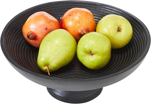 VHC Brands Ribbed Black Wooden Fruit Bowl 5.5x12x12, Kitchen Decor, Decorative Wooden Pedestal Bowl, Perfect Centerpiece for Table, Island, or Counter