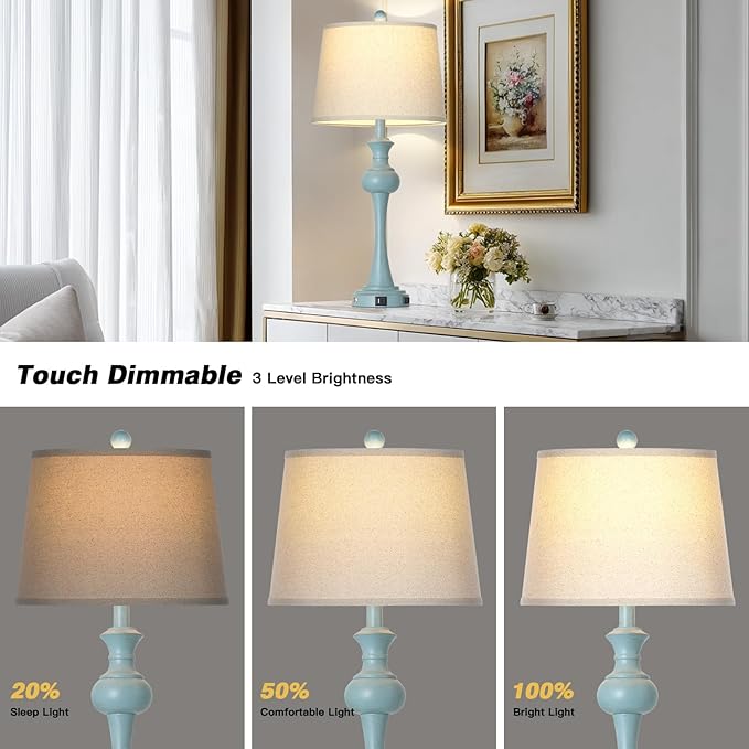 29" Coastal Table Lamp Set of 2, 3-Way Dimmable Touch-Control Bedside Lamps with USB-A+C Ports, Vintage Farmhouse Nightstand Lamps for Bedroom, Retro Blue (Includes 2 LED Bulbs)