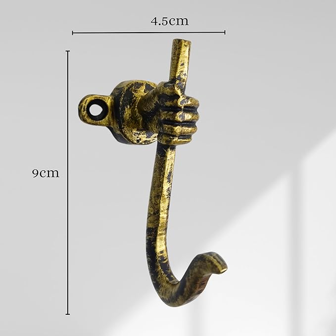 Set of 3 Cast Iron Unique Hand Hook Shape Coat Hooks Wall Art Decor-Hand Shape Hangers and Key Holder-Clothes Rack and Backpack Hanger-Coat Hooks Home Decor for Storage, Living Room (Brass Antique)