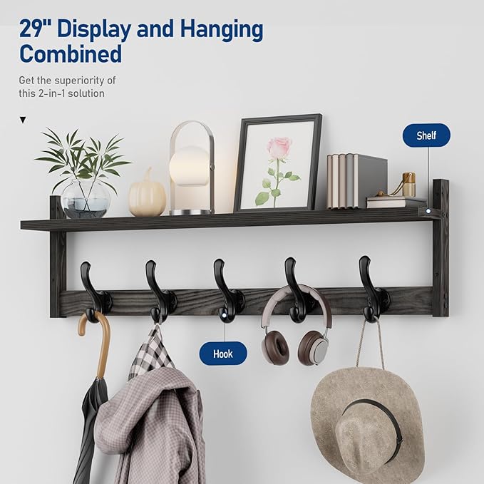 Tatub 29'' Coat Rack Wall Mount with Shelf, Wood Wall Hooks with Storage, Entryway Shelf with 5 Coat Hangers for Bathroom, Living Room, Bedroom, Ebony Grey