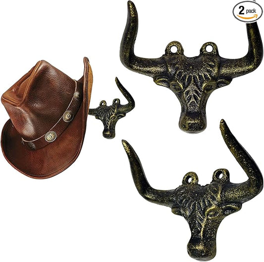 Cast Iron Wall Mount Hooks – Bull Bronze Design, 2 Pack – Vintage Rustic Coat Hooks for Entryway, Bathroom, Kitchen, or Bedroom