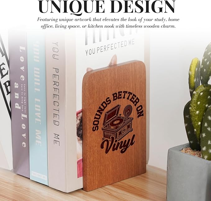 Gifts for Vinyl Record Lovers, Bookends for Vinyl Records, Vinyl Record Storage, Novelty Bookends Unique, Heavy Duty Wooden Book Ends for Shelves Decorative(1 Pair, 4.72x6.69 Inches)