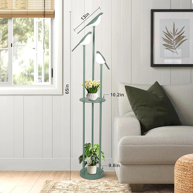 Artmooy Bird Floor Lamp for Bedroom, Green Standing Lamps for Living Room, Corner Tall Lamp with Table, 3-Lights Vintage Floor Lamp, Modern Stand Up Lamp for Office, Girls Room, Unique Bird Lamps