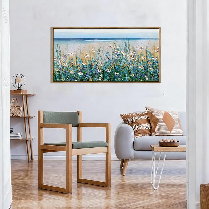 Large Blue Seaside Cyan Floral Wall Painting wildflower Blossom Art Framed Artwork for Living Room Bedroom 20x40 Inch