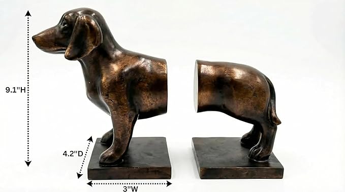 Comfy Hour Dachshund Dog Decorative Bookends, 12" Unique Wiener Dog Book Ends for Shelves, Heavy Duty Polyresin Book Stopper for Books, 1 Pair, Dark Copper