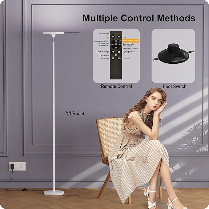 Dimmable Floor Lamp with Remote，Floor Lamps for Living Room Bedroom Office，Adjustable Brightness (10%-100%)and Color Temperature (3000k- 6000k )，Standing Lamp Tall Lamp with Foot Switch (white)
