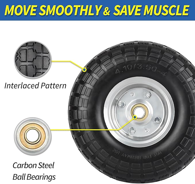 4.10/3.50-4" Flat Free Tire and Wheel, 10" Heavy Duty Solid Tire, 5/8" Axle Bore Hole, 2.2" Offset Hub, for Hand Truck Garden Cart Wagon Trolley Dolly, 2 Pack