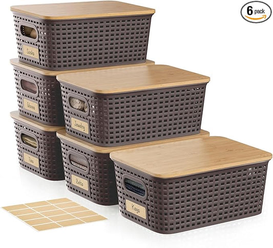 Plastic Storage Bins with Bamboo Lid - Stackable Pantry Storage Organizer with Lid - Storage Basket with Lable for Organizing: Small Storage Box for Shelves Cabinet Office Drawer Desktop 10x7x4in 6Pcs