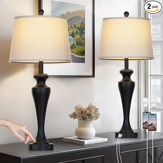 30" Table Lamps Set of 2, 3-Way Dimmable Touch Bedside Lamp with USB A+C Ports and AC Outlet, Tall Living Room Lamps for Side Table, Modern Bedroom Lamp for Nightstand, Black